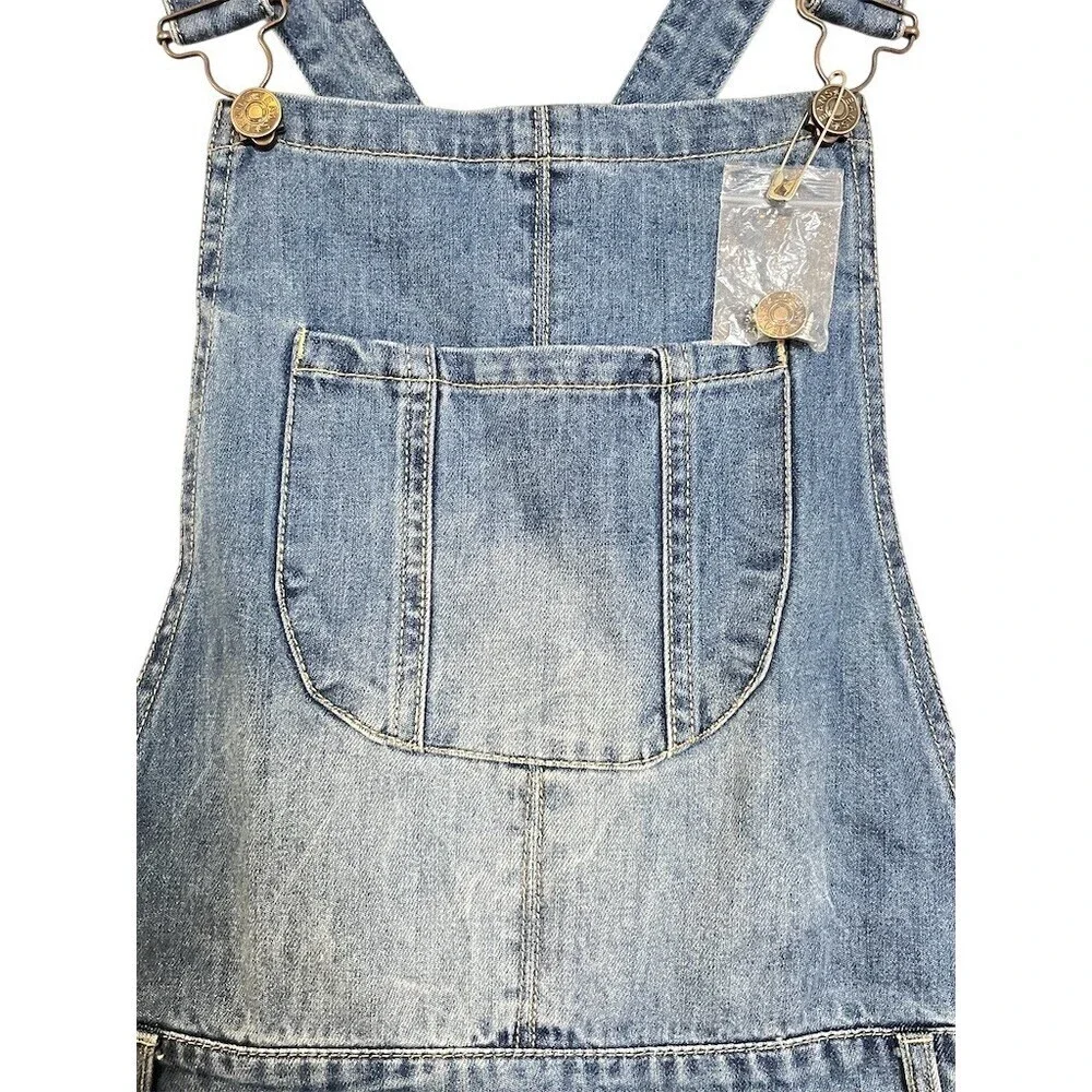 Lulus Women’s Denim Bib Overalls L Blue Distressed Straight Leg Adjustable